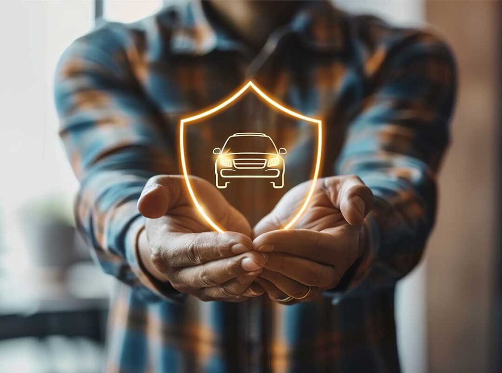 A parent and teenage driver reviewing car keys together beside a parked sedan in a residential driveway.